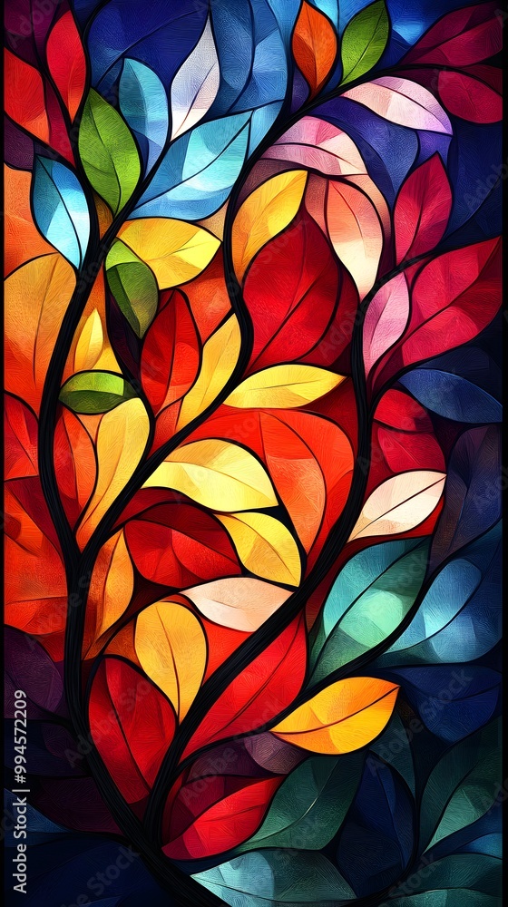 Abstract, colorful stained glass background with flowing leaves and swirls