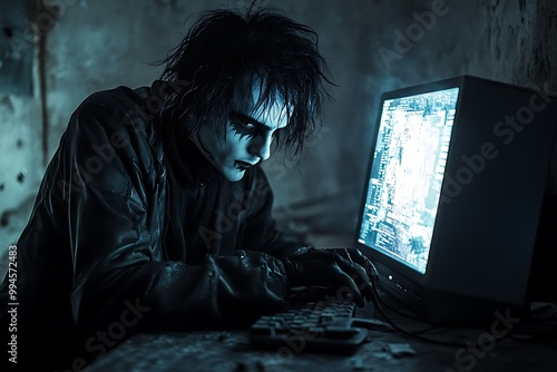 Cyberpunk Hacker in Dark Room Working on Computer photo