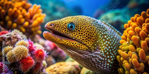 Vibrant Goldentail Moray Eel in Coral Reef Habitat Showcasing Underwater Marine Life Diversity