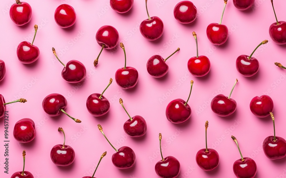 A pink background is adorned with symmetrical red juicy cherries A pink background is adorned with symmetrical red juicy cherries