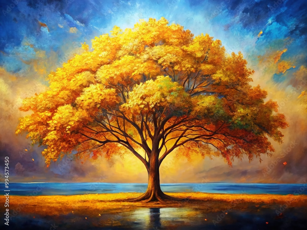 Obraz premium Vibrant Gold Tree Painting with Abstract Background, Ideal for Home Decor and Art Enthusiasts