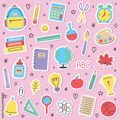 Collection of a hand drawn school icons. Colourful stationery stickers. Vector illustration