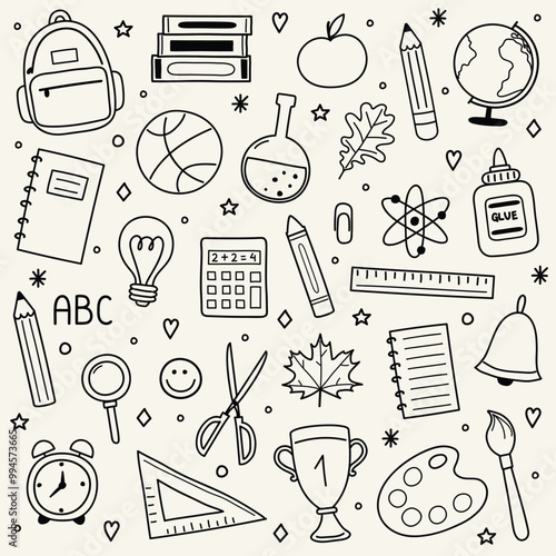 Collection of a hand drawn school supply. Cute stationery icons. Vector illustration