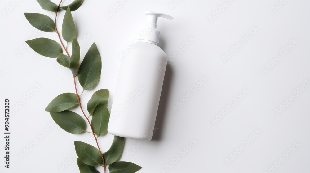 Cosmetic bottle on white background with green leaves Cosmetic bottle on white background with green leaves