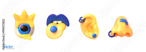 Vector 3D Set of Head stylized parts : eye, tongue, lips, ear, nose. Sense of smell, taste, hearing, olfaction, sight. Emoji icon. Vector Illustration. 