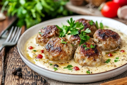 A white ceramic casserole with meatballs and white sauce.