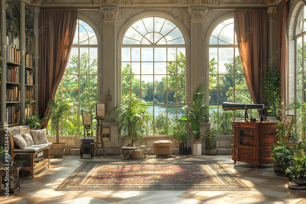 A sunroom styled as a royal observatory, with large windows and telescope, showcasing views of the surrounding kingdom. Concept of leisure. A sunroom styled as a royal observatory, with large windows and telescope, showcasing views of the surrounding kingdom. Concept of leisure.