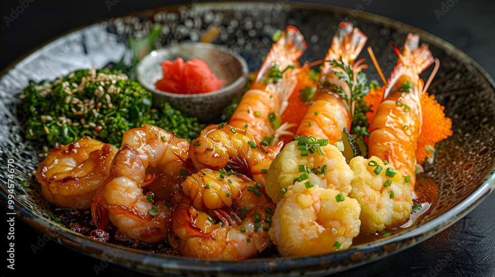 Fototapeta premium A plate of assorted tempura with shrimp and vegetables, captured using an ultra HD camera with a ring light for even illumination