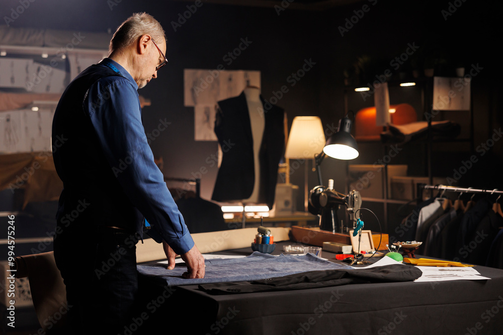 Elderly expert suitmaker alone in professional tailoring studio, designing upcoming fashion collection. Senior craftsman in atelier shop workspace manufacturing premium quality clothing Elderly expert suitmaker alone in professional tailoring studio, designing upcoming fashion collection. Senior craftsman in atelier shop workspace manufacturing premium quality clothing