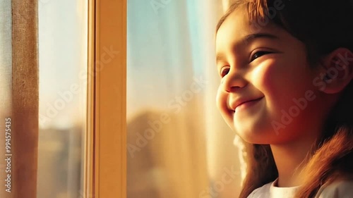 Cheerful Portrait of a Smiling Girl by the Window, Bathed in Warm Sunlight. A Heartwarming Moment Capturing Innocence and Joy. Family, Childhood, and Lifestyle Campaigns.