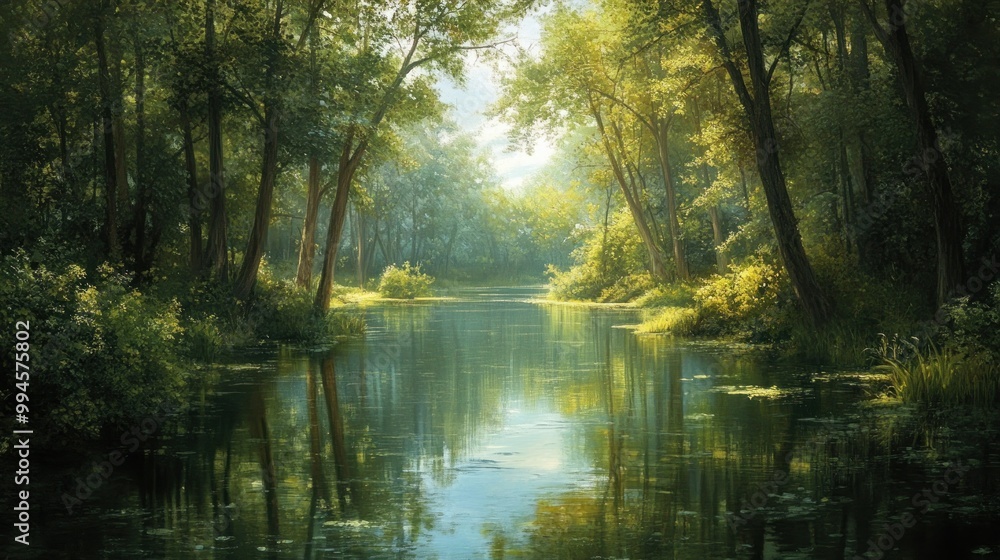 Tranquil Forest River Scene with Reflections of Trees Tranquil Forest River Scene with Reflections of Trees