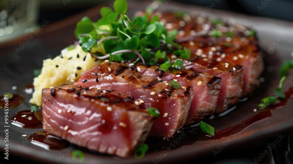 Perfectly seared tuna steak with a sesame-ginger glaze, wasabi mashed potatoes, and a drizzle of eel sauce. Perfectly seared tuna steak with a sesame-ginger glaze, wasabi mashed potatoes, and a drizzle of eel sauce.
