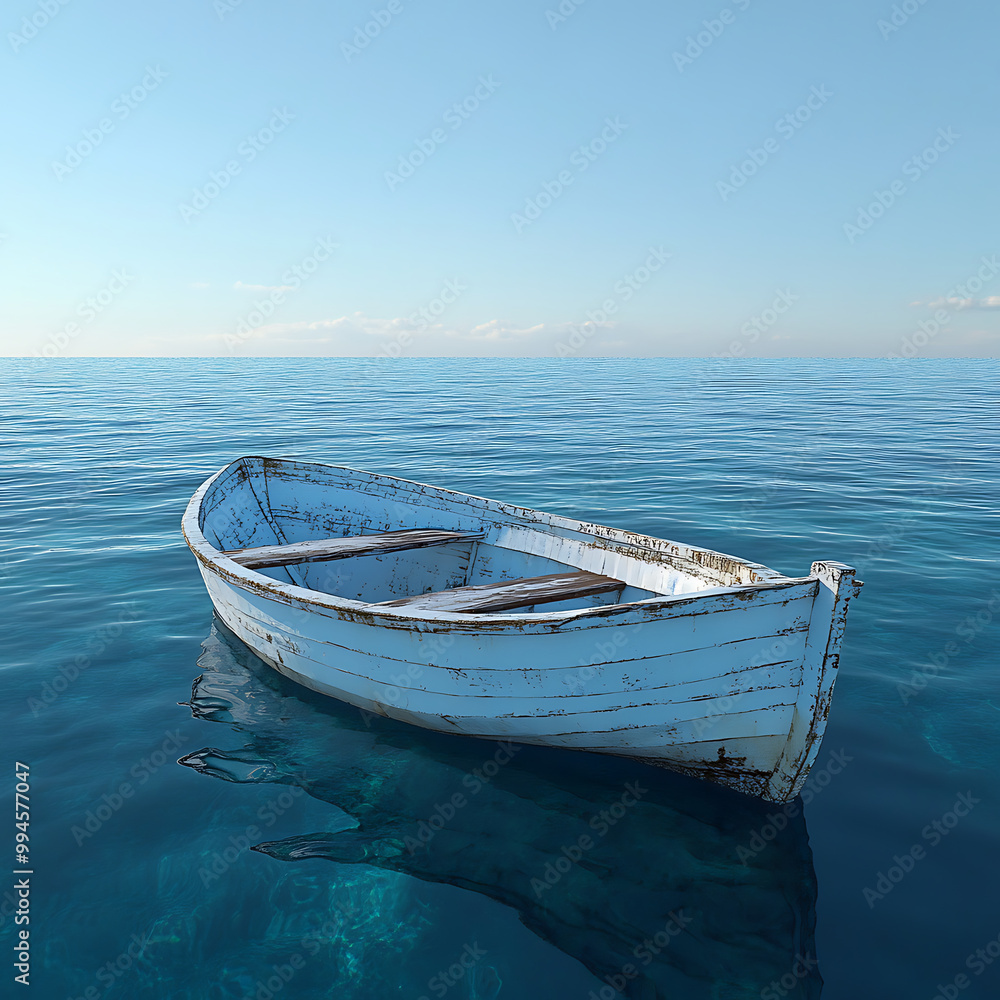 Obraz premium Isolated Boat Drifts Peacefully on Vast Blue Water Surface picture