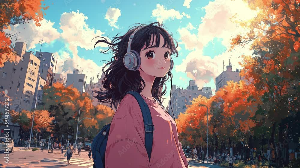 Anime lofi cityscape with a girl in headphones. Anime lofi cityscape with a girl in headphones.
