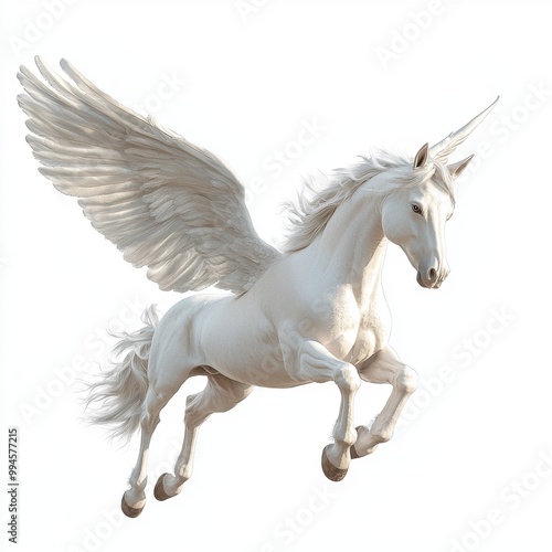 Pegasus, a majestic white winged horse in flight, cut out