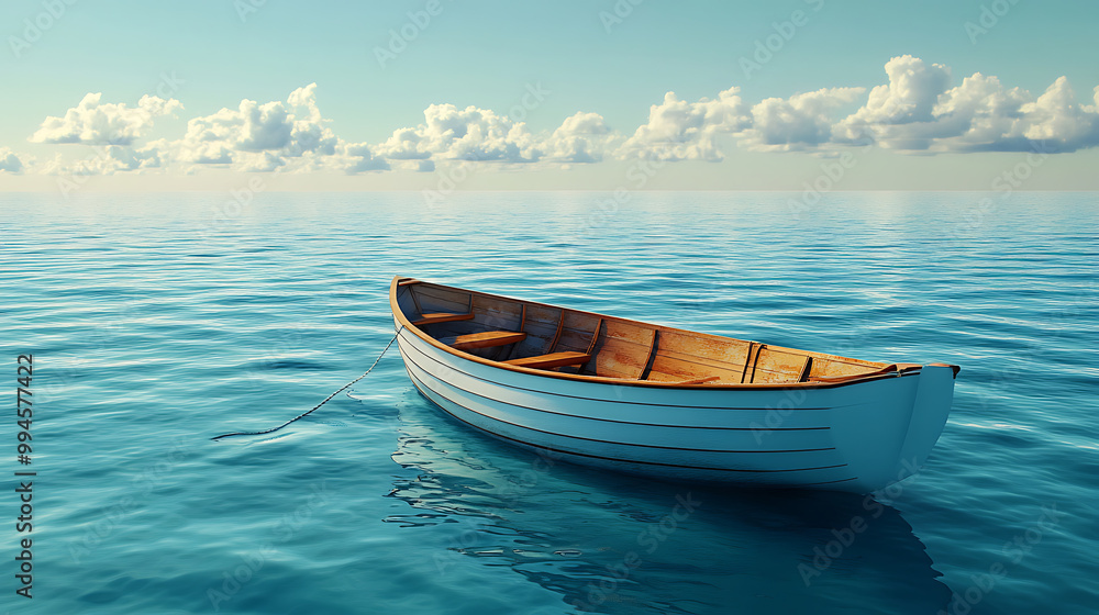 Naklejka premium Lonely Boat Gently Floating on Calm Ocean Under Clear Sky picture