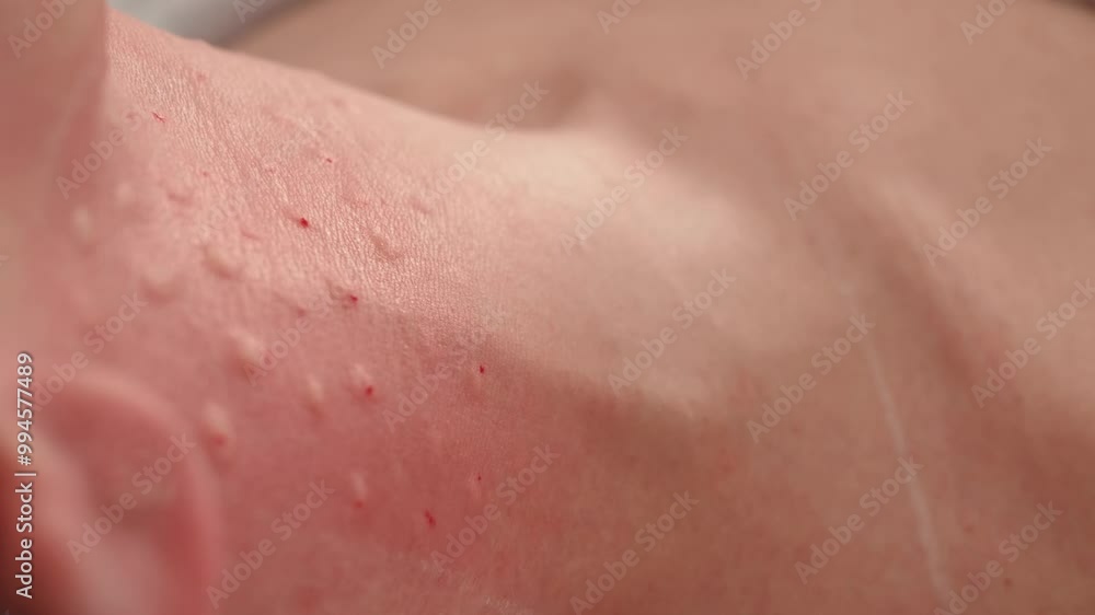 Neck skin after injection procedure performed with a syringe, drops of blood, close-up, copy space Neck skin after injection procedure performed with a syringe, drops of blood, close-up, copy space