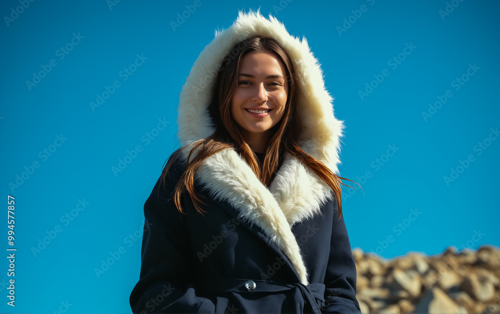 Portrait of a young woman in a winter coat with a fur hood on a walk with a view of the mountains. Portrait of a young woman in a winter coat with a fur hood on a walk with a view of the mountains.