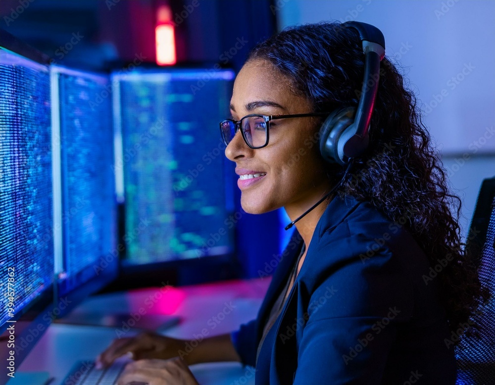 female cyber security analyst analysing AI cyberspace threats on ...