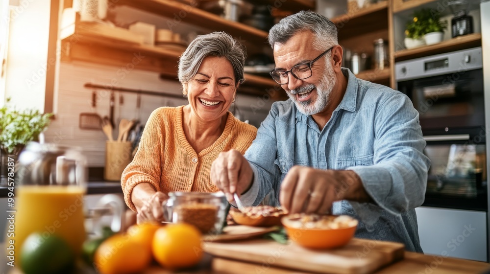 An older Hispanic couple pours food onto a frying pan at home: Stock photo An older Hispanic couple pours food onto a frying pan at home: Stock photo