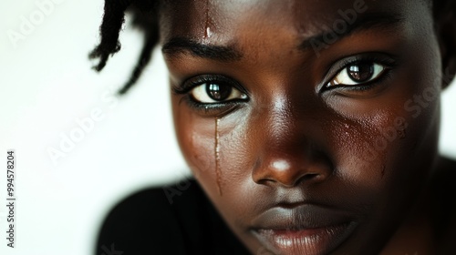 Close-up portrait of a sad, crying black African woman. Emotional black woman with tears on her face and sad eyes.