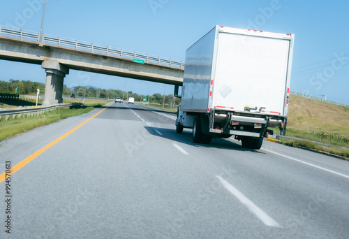 White truck driving towards an underpass on a two-lane highway view from the back.