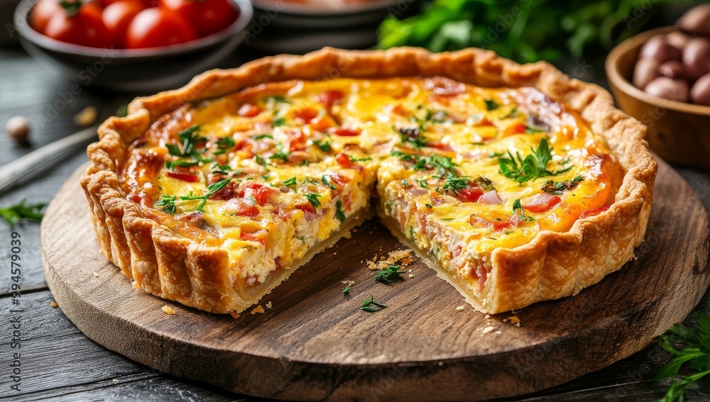 It is a piece of cheese quiche sitting on a wooden cutting board with one slice taken out of the center. There are homemade, chopped vegetables such as peppers on top of the quiche, along with golden It is a piece of cheese quiche sitting on a wooden cutting board with one slice taken out of the center. There are homemade, chopped vegetables such as peppers on top of the quiche, along with golden