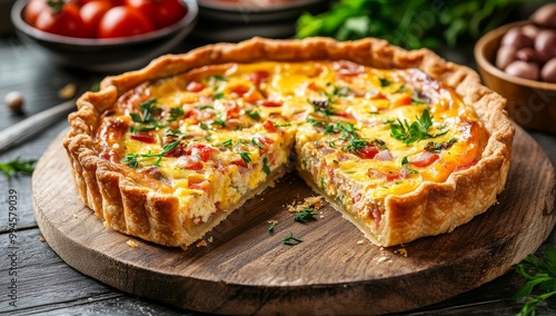 It is a piece of cheese quiche sitting on a wooden cutting board with one slice taken out of the center. There are homemade, chopped vegetables such as peppers on top of the quiche, along with golden