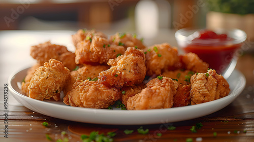 A plate of crispy chicken nuggets with a side of dipping sauce, captured using an ultra HD camera with a ring light for even illumination