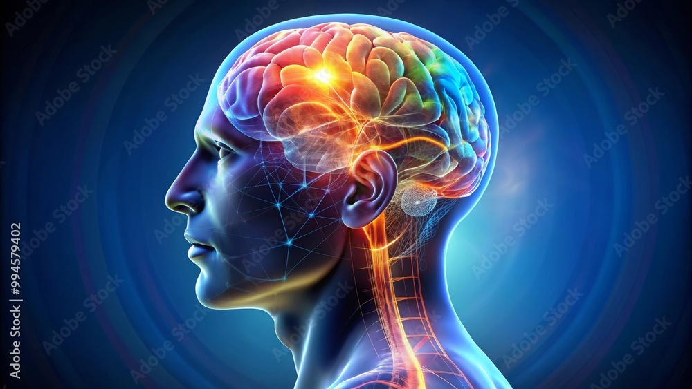Side view of a male human head with a translucent brain showing activity Side view of a male human head with a translucent brain showing activity