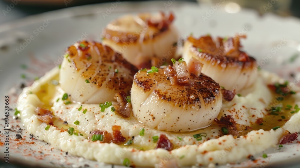 Seared scallops with a smooth cauliflower puree and crispy pancetta. Seared scallops with a smooth cauliflower puree and crispy pancetta.