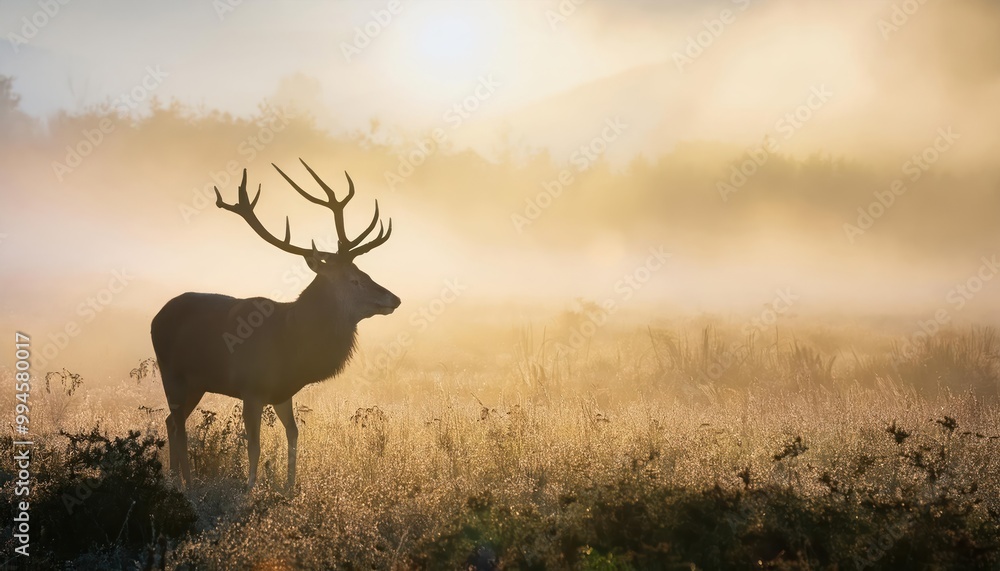 Naklejka premium Red deer stag silhouette in the mist . steam comes out of his mouth 