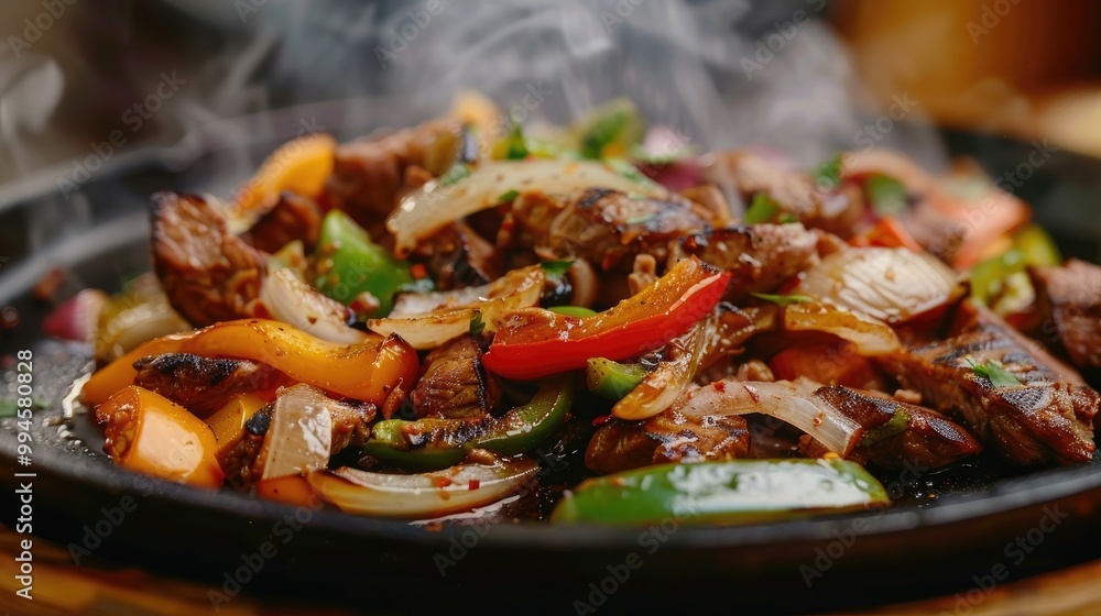 Sizzling fajitas with grilled steak, bell peppers, and onions. Sizzling fajitas with grilled steak, bell peppers, and onions.