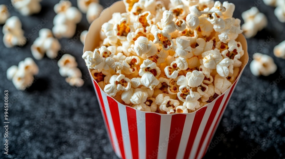 Perfect for movie nights or snacking at any time, this buttery popcorn overflows from a classic striped container. Perfect for movie nights or snacking at any time, this buttery popcorn overflows from a classic striped container.
