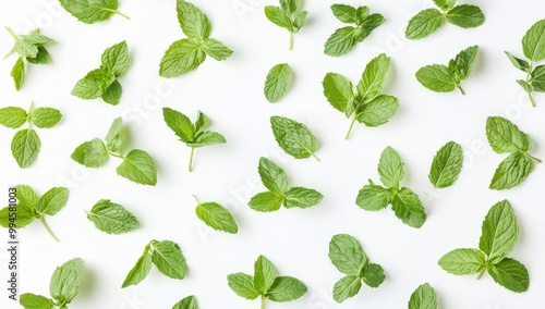 An overhead photo of mint leaves neatly arranged on a white background in a repeating pattern