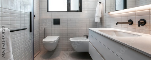 Modern Scandinavian bathroom with monochromatic tiles, streamlined fixtures, and a wall-mounted vanity for a clean, functional design