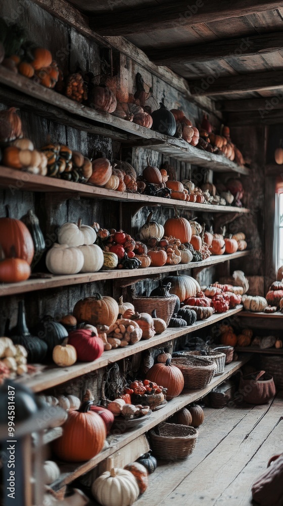 The rustic autumn pumpkin display at the farm stand at dusk