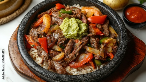 Venezuelan food Pabellon Criollo, which consists of shredded beef, white rice, black beans, fried plantains, and avocado.
