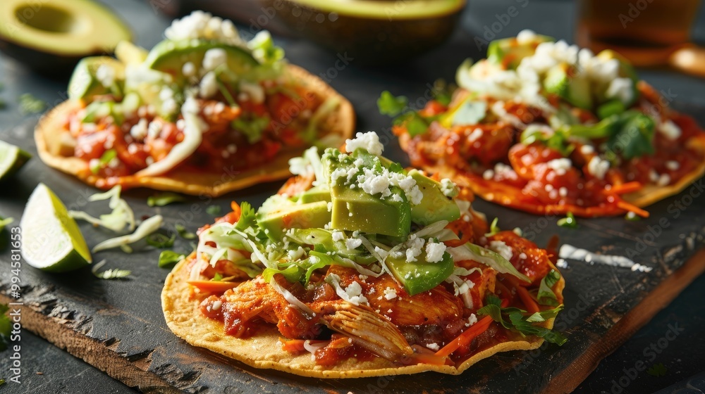 Spicy chicken tostadas with shredded lettuce, queso fresco, and avocado. Spicy chicken tostadas with shredded lettuce, queso fresco, and avocado.