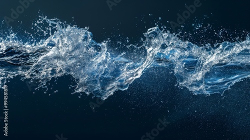 A stunning display of a transparent water wave moves fluidly, creating splashes and droplets that glisten against a contrasting dark backdrop, showcasing nature's elegance