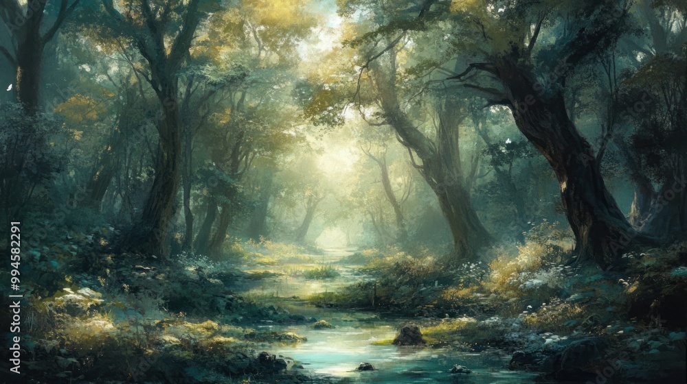 Sunlit Path Through a Misty, Lush Forest Sunlit Path Through a Misty, Lush Forest