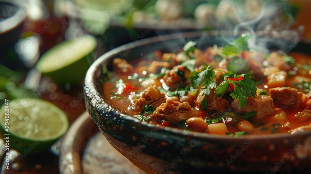 Steaming bowl of menudo garnished with oregano and lime. Steaming bowl of menudo garnished with oregano and lime.