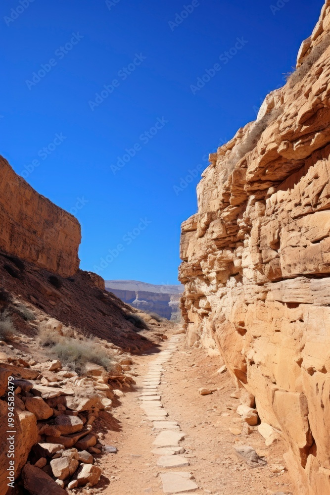 A dirt road winding between rocky cliffs in a desert landscape.