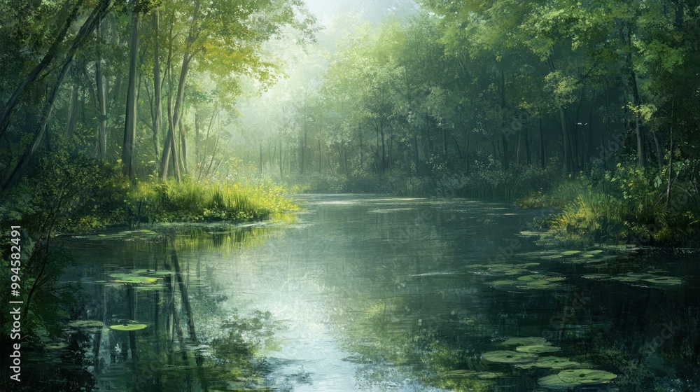 Serene Forest Stream with Sunbeams and Water Lilies Serene Forest Stream with Sunbeams and Water Lilies