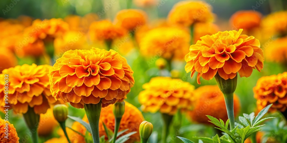 Vibrant Marigold Flowers in Full Bloom Captured in Bright Natural Light Against Green Foliage Vibrant Marigold Flowers in Full Bloom Captured in Bright Natural Light Against Green Foliage