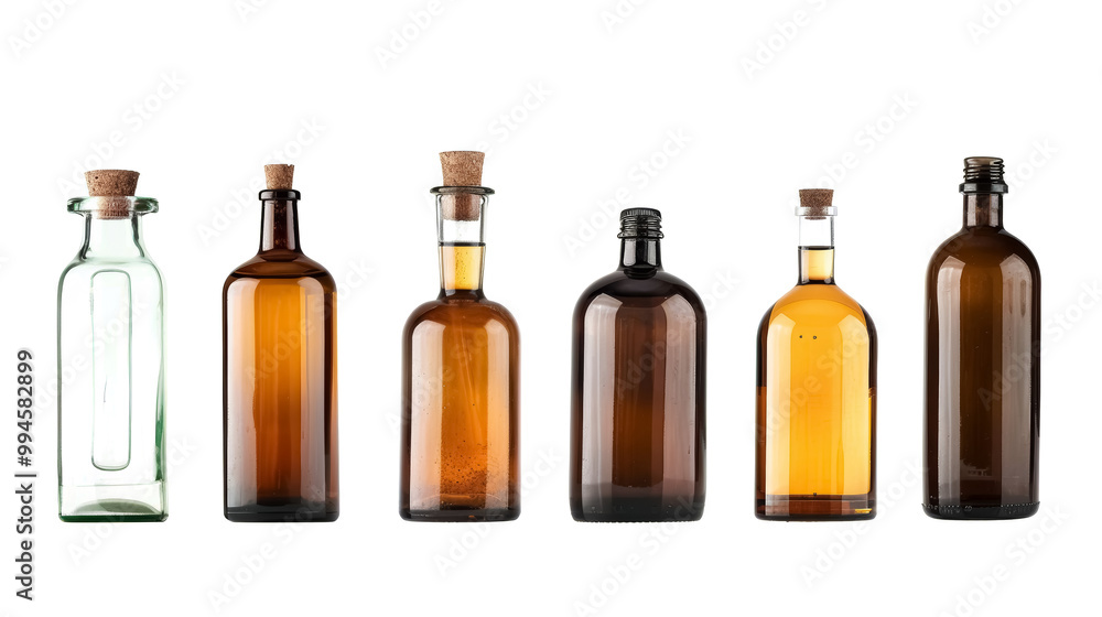 variety of empty glass bottles with cork stoppers isolated on transparent background variety of empty glass bottles with cork stoppers isolated on transparent background