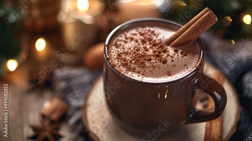 Steaming cup of Mexican hot chocolate with cinnamon stick.