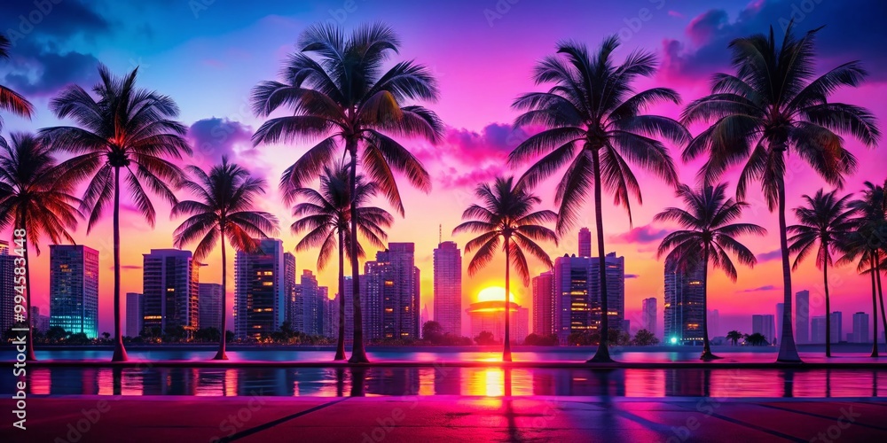 Obraz premium Vibrant Miami Vice Background with Neon Colors, Palm Trees, and Retro Aesthetic for Creative Projects
