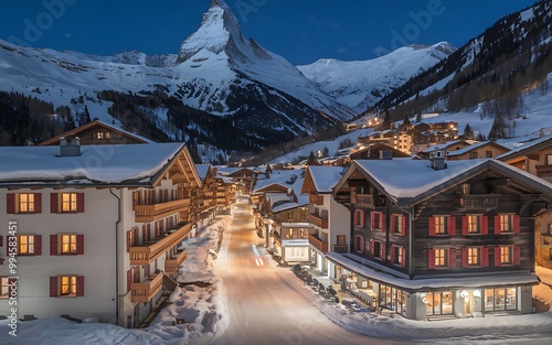 Snowy village street at night with mountain in the background.