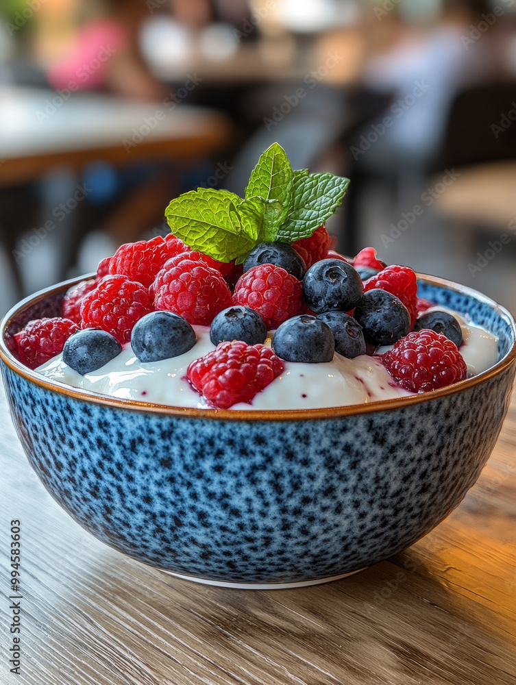 Bowl of yogurt topped with fresh blueberries and raspberries. Bowl of yogurt topped with fresh blueberries and raspberries.
